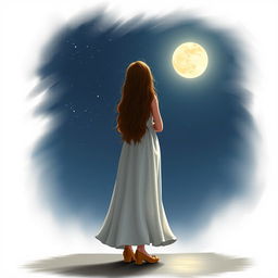 A realistic depiction of a girl in a long, flowing white dress and tan heels, standing under a starry night sky