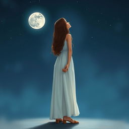 A realistic depiction of a girl in a long, flowing white dress and tan heels, standing under a starry night sky