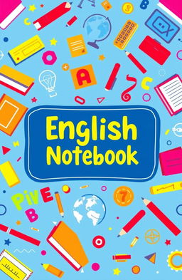 A vibrant and creative cover design for an English notebook, featuring a colorful background with elements related to the English language