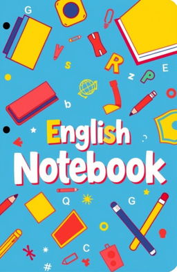 A vibrant and creative cover design for an English notebook, featuring a colorful background with elements related to the English language