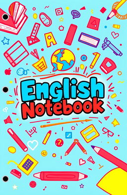 A vibrant and creative cover design for an English notebook, featuring a colorful background with elements related to the English language