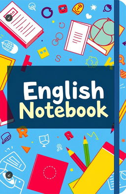 A vibrant and creative cover design for an English notebook, featuring a colorful background with elements related to the English language