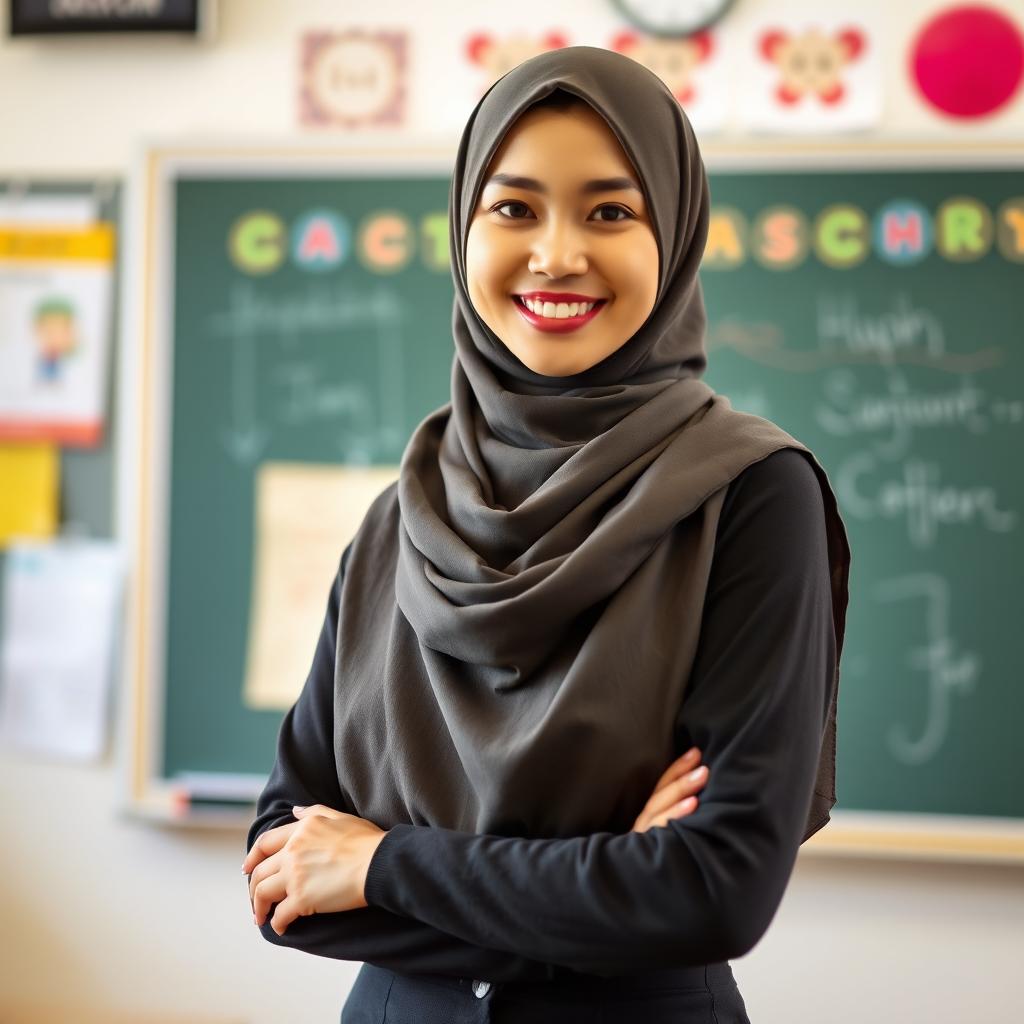 A beautiful Asian woman wearing a hijab, confidently teaching in a classroom setting