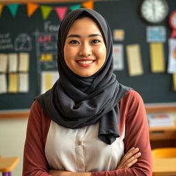 A beautiful Asian woman wearing a hijab, confidently teaching in a classroom setting