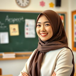 A beautiful Asian woman wearing a hijab, confidently teaching in a classroom setting