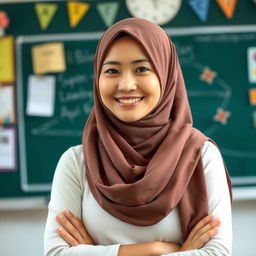 A beautiful Asian woman wearing a hijab, confidently teaching in a classroom setting