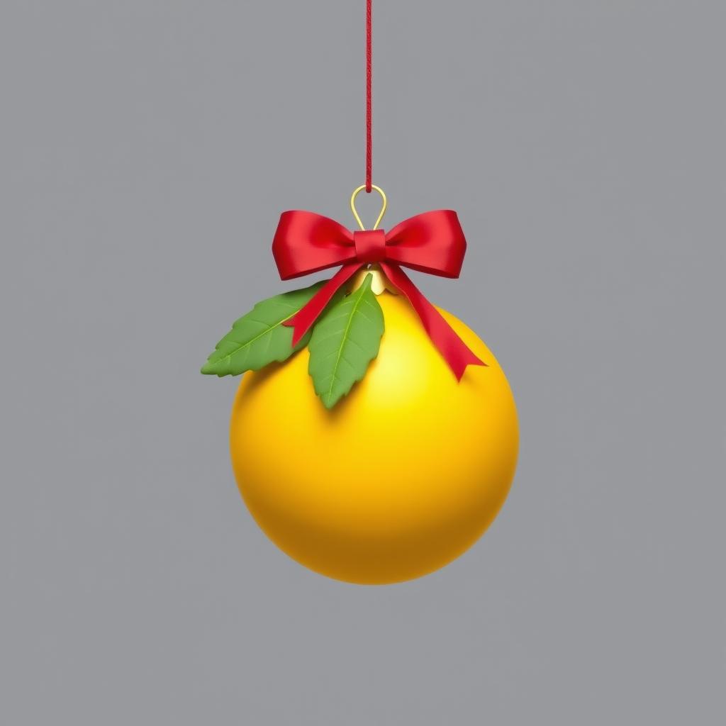 Christmas ornament in shades of yellow and mustard, featuring a simple red bow on top, adorned with well-defined green leaves in flat colors, creating a clean and minimalist design