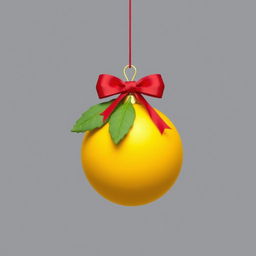 Christmas ornament in shades of yellow and mustard, featuring a simple red bow on top, adorned with well-defined green leaves in flat colors, creating a clean and minimalist design