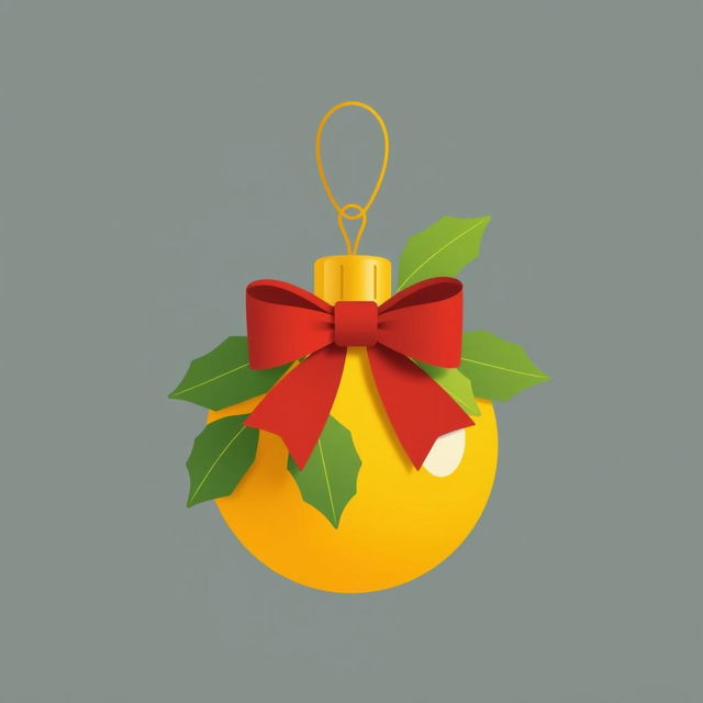 Christmas ornament in shades of yellow and mustard, featuring a simple red bow on top, adorned with well-defined green leaves in flat colors, creating a clean and minimalist design