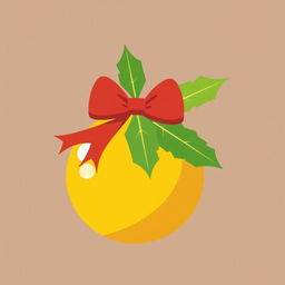 Christmas ornament in shades of yellow and mustard, featuring a simple red bow on top, adorned with well-defined green leaves in flat colors, creating a clean and minimalist design