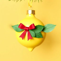 Christmas ornament in shades of yellow and mustard, featuring a simple red bow on top, adorned with well-defined green leaves in flat colors, creating a clean and minimalist design