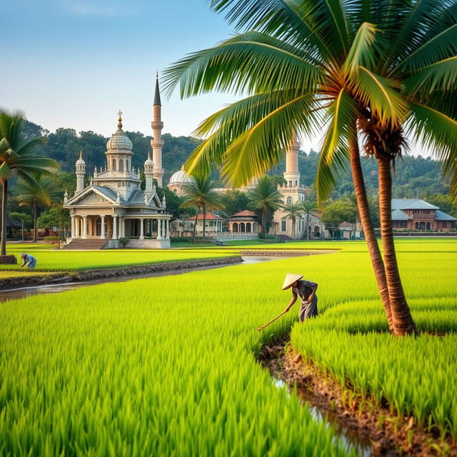 a vibrant paddy field with lush green rice plants, coconut trees gracefully positioned on the bank of a tranquil channel