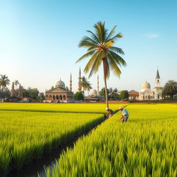 a vibrant paddy field with lush green rice plants, coconut trees gracefully positioned on the bank of a tranquil channel