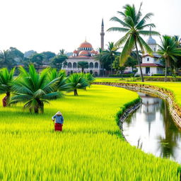 a vibrant paddy field with lush green rice plants, coconut trees gracefully positioned on the bank of a tranquil channel