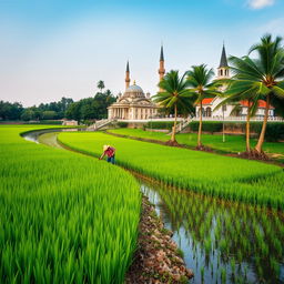 a vibrant paddy field with lush green rice plants, coconut trees gracefully positioned on the bank of a tranquil channel