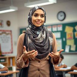 A confident and stylish female teacher wearing a creatively designed hijab that mimics the illusion of nudity through artistic patterns and textures, showcasing a unique fashion statement