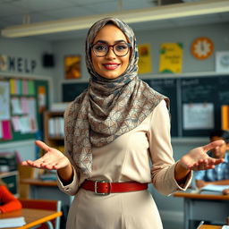 A confident and stylish female teacher wearing a creatively designed hijab that mimics the illusion of nudity through artistic patterns and textures, showcasing a unique fashion statement