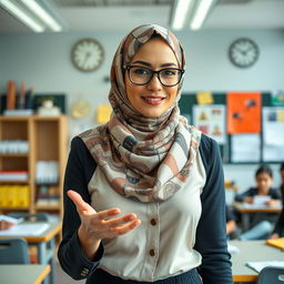 A confident and stylish female teacher wearing a creatively designed hijab that mimics the illusion of nudity through artistic patterns and textures, showcasing a unique fashion statement