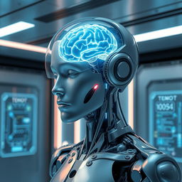 A futuristic fusion of robot, mind, and human, depicting a robotic figure with a glowing cybernetic brain visible through a transparent headpiece, symbolizing the integration of artificial intelligence and human consciousness