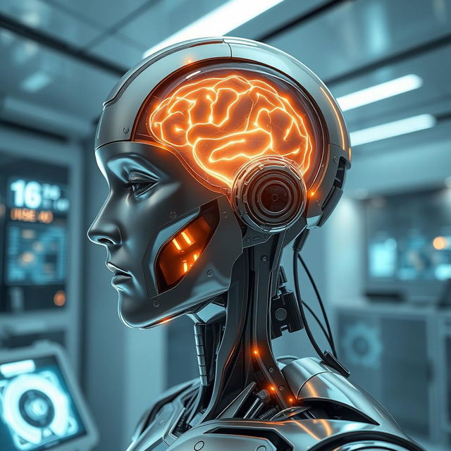 A futuristic fusion of robot, mind, and human, depicting a robotic figure with a glowing cybernetic brain visible through a transparent headpiece, symbolizing the integration of artificial intelligence and human consciousness