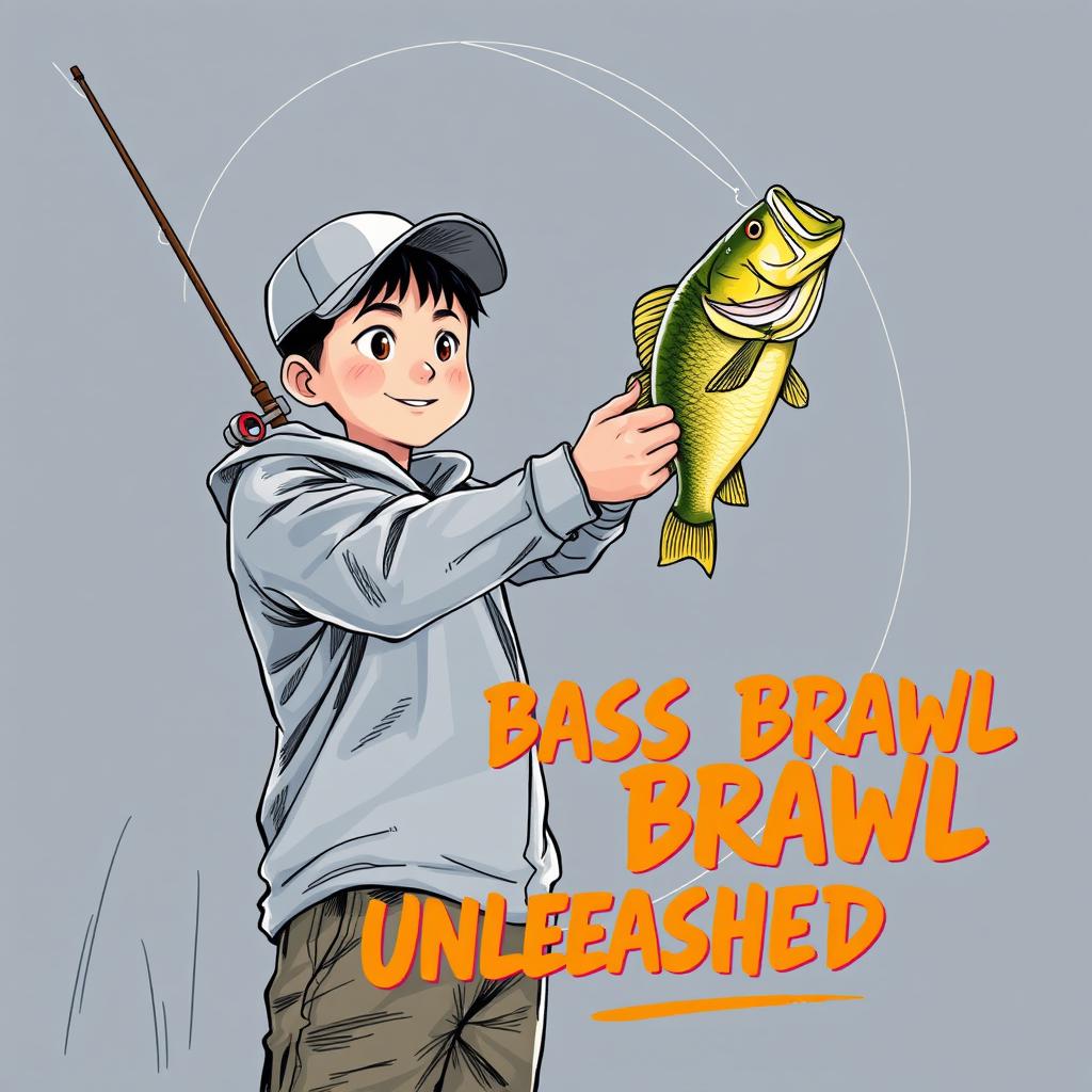 A dynamic, realistic fishing scene showcasing a young Asian fisherman with narrow eyes and an enthusiastic expression as he catches a bass