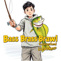 A dynamic, realistic fishing scene showcasing a young Asian fisherman with narrow eyes and an enthusiastic expression as he catches a bass