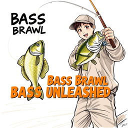 A dynamic, realistic fishing scene showcasing a young Asian fisherman with narrow eyes and an enthusiastic expression as he catches a bass