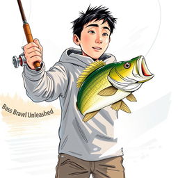 A dynamic, realistic fishing scene showcasing a young Asian fisherman with narrow eyes and an enthusiastic expression as he catches a bass