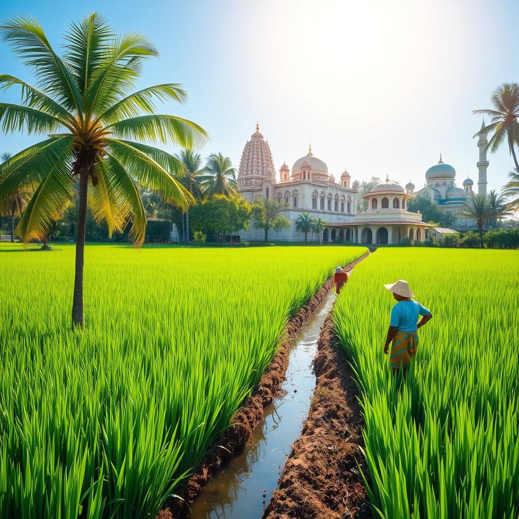 A vibrant and serene landscape depicting a lush paddy field with a tall coconut tree gracefully standing on the bank of a channel