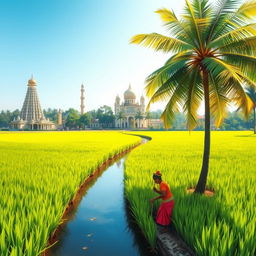 A vibrant and serene landscape depicting a lush paddy field with a tall coconut tree gracefully standing on the bank of a channel