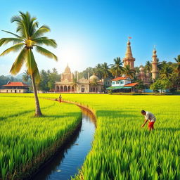 A vibrant and serene landscape depicting a lush paddy field with a tall coconut tree gracefully standing on the bank of a channel