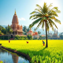 A vibrant and serene landscape depicting a lush paddy field with a tall coconut tree gracefully standing on the bank of a channel