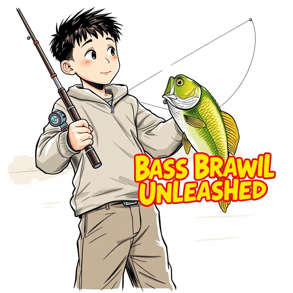 A dynamic, realistic fishing scene showcasing a young Asian fisherman with narrow eyes and an enthusiastic expression