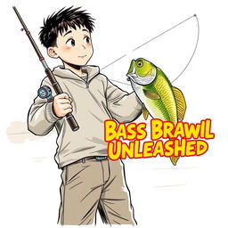 A dynamic, realistic fishing scene showcasing a young Asian fisherman with narrow eyes and an enthusiastic expression