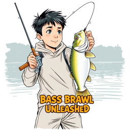 A dynamic, realistic fishing scene showcasing a young Asian fisherman with narrow eyes and an enthusiastic expression