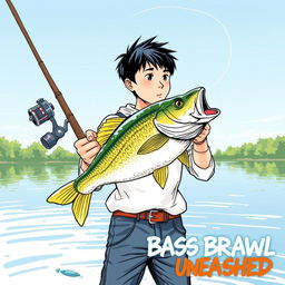 A dynamic, realistic fishing scene showcasing a young Asian fisherman with narrow eyes and an enthusiastic expression