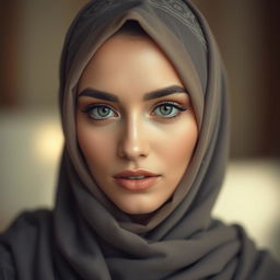 A beautiful woman wearing an elegant hijab, expressing a soft and sensual gaze