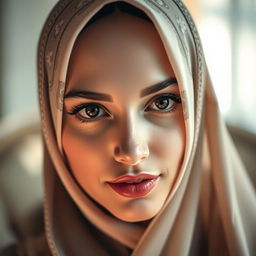 A beautiful woman wearing an elegant hijab, expressing a soft and sensual gaze