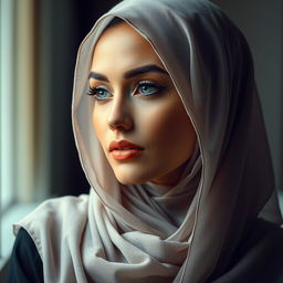 A beautiful woman wearing an elegant hijab, expressing a soft and sensual gaze