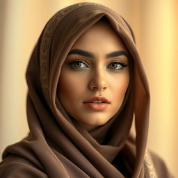 A beautiful woman wearing an elegant hijab, expressing a soft and sensual gaze