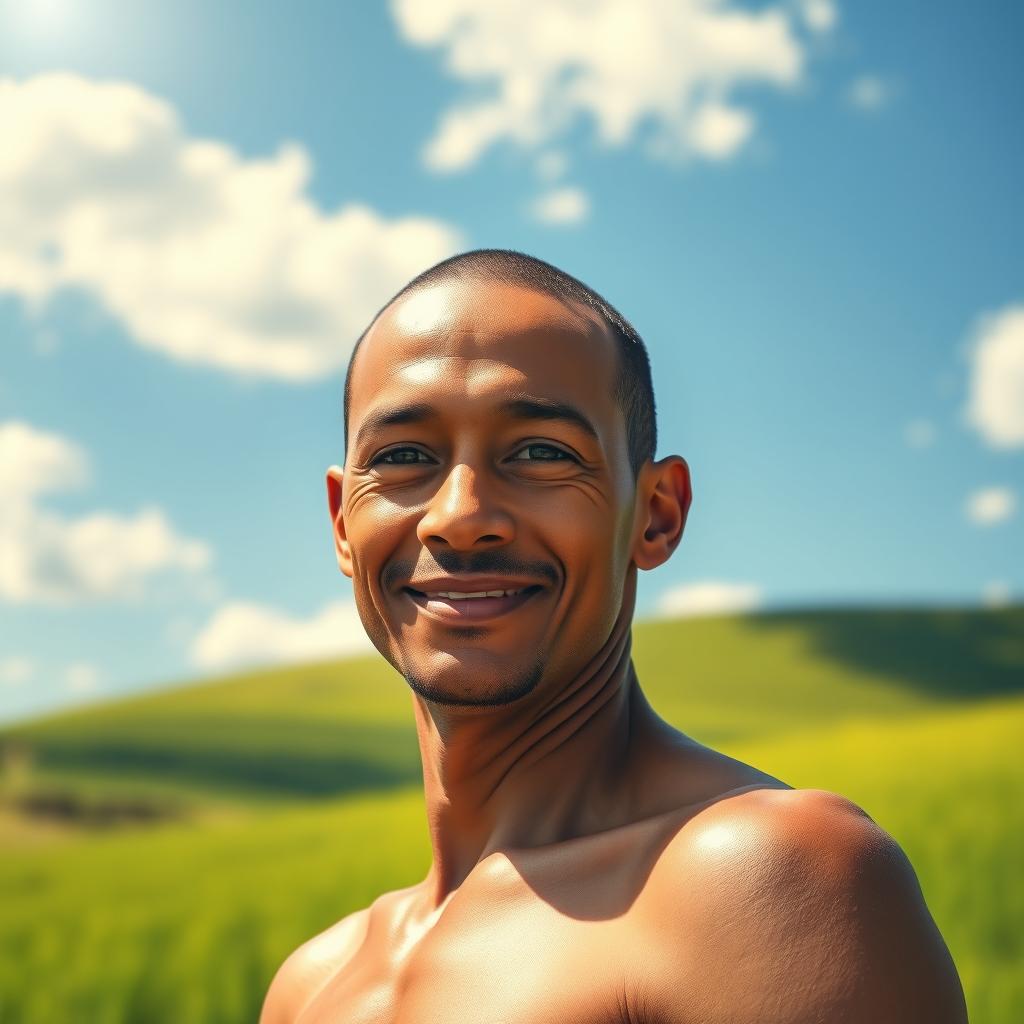 A detailed portrait of a human figure standing confidently in a serene landscape, showcasing the beauty and diversity of humanity