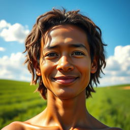 A detailed portrait of a human figure standing confidently in a serene landscape, showcasing the beauty and diversity of humanity