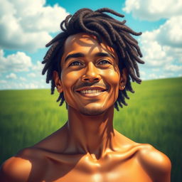 A detailed portrait of a human figure standing confidently in a serene landscape, showcasing the beauty and diversity of humanity