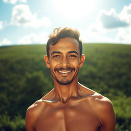 A detailed portrait of a human figure standing confidently in a serene landscape, showcasing the beauty and diversity of humanity