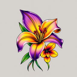 A vibrant and artistic depiction of a yellow and purple lily (lirio) intertwined with a unique sea flower, illustrated in a neo-traditional tattoo style