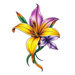 A vibrant and artistic depiction of a yellow and purple lily (lirio) intertwined with a unique sea flower, illustrated in a neo-traditional tattoo style