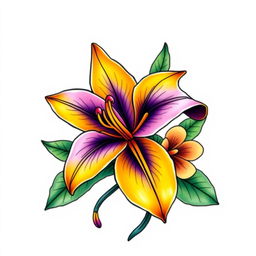A vibrant and artistic depiction of a yellow and purple lily (lirio) intertwined with a unique sea flower, illustrated in a neo-traditional tattoo style