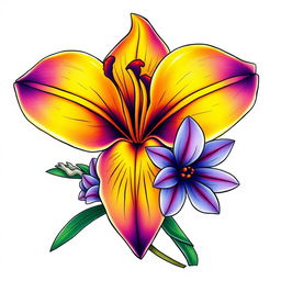 A vibrant and artistic depiction of a yellow and purple lily (lirio) intertwined with a unique sea flower, illustrated in a neo-traditional tattoo style