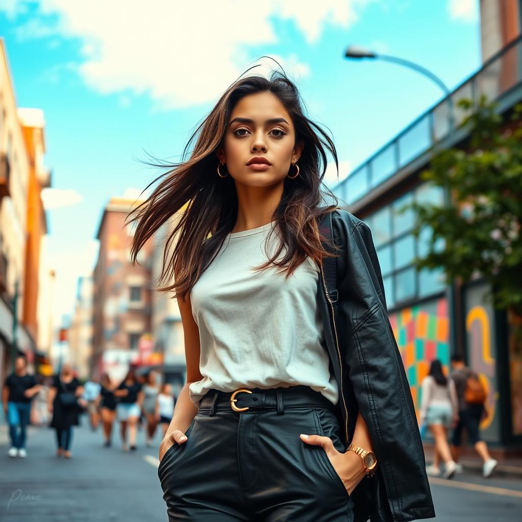 A confident young woman standing in a vibrant urban setting