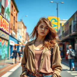 A confident young woman standing in a vibrant urban setting